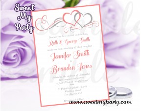 Hearts Wedding Invitation,Coral Hearts Wedding Invitation,( 18w)